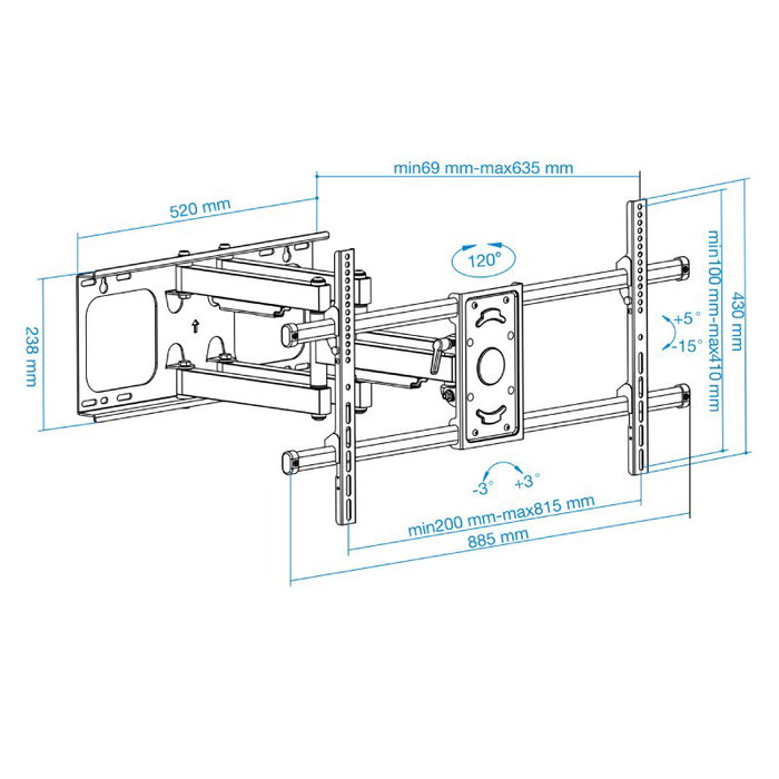 TooQ Soporte de Pared para TV LP3790TN-B, Giratorio e Inclinable, para Pantallas de 43 a 90 Pulgadas y hasta 75 kg, Nivelable, Compatible con VESA y Curvas, Negro